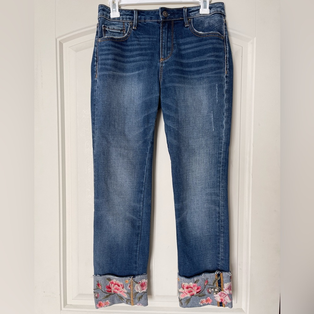 Driftwood Colette Embroidered Floral Cropped Straight Leg Jeans Blue 26